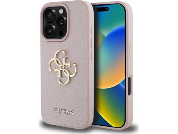 Guess dekals PU Grained 4G Metal Logo, mobilfodral till Apple iPhone 16 Pro, rosa