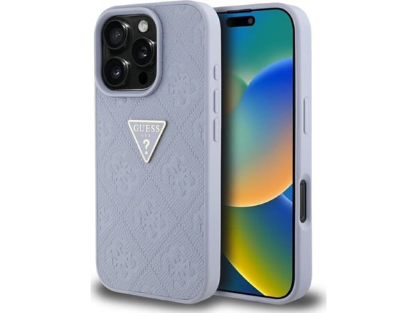 Guess Hot Stamp 4G Triangle metallen-logga mobilskal till iPhone 16 Pro lila