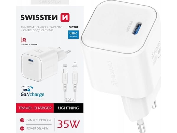 Swissten Travel Charger GaN USB-C 35W PD + Data Cable USB-C - Lightning 1.2m