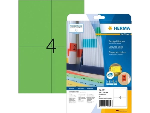HERMA 4564, Grønn, Rektangel, A4, Universell, Matte, Laser/Blekkskriver