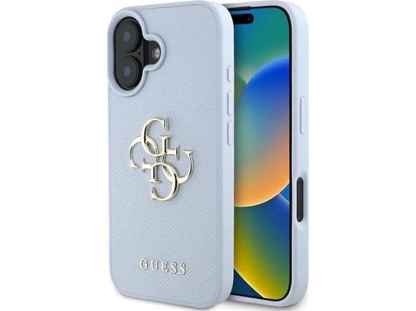 Guess Grained Big 4G Logo Small Classic Logo Apple iPhone 16 dėklas telefonui mėlynos spalvos