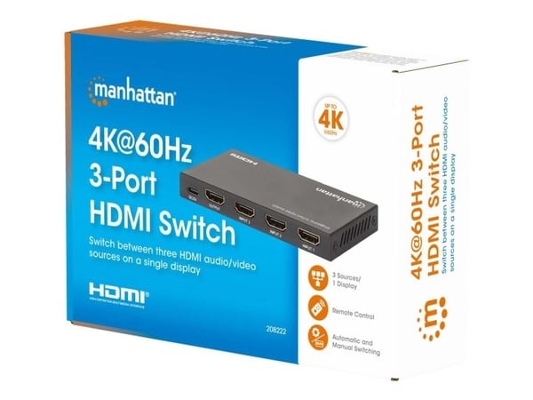 Manhattan 208222, HDMI, USB Type-C, Metalli, musta, 60 Hz, 1280 x 720 (HD 720), 1920 x 1080 (HD 1080), 3840 x 2160