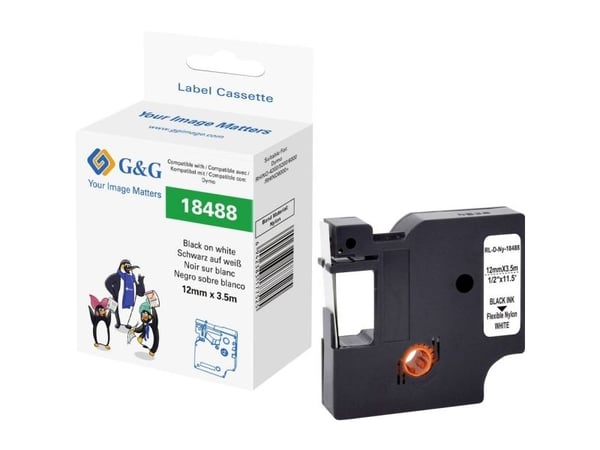G&G 21699, Svart på hvitt, Kontinuerlig etikett, Svart, Nylon, DYMO, 1,9 cm
