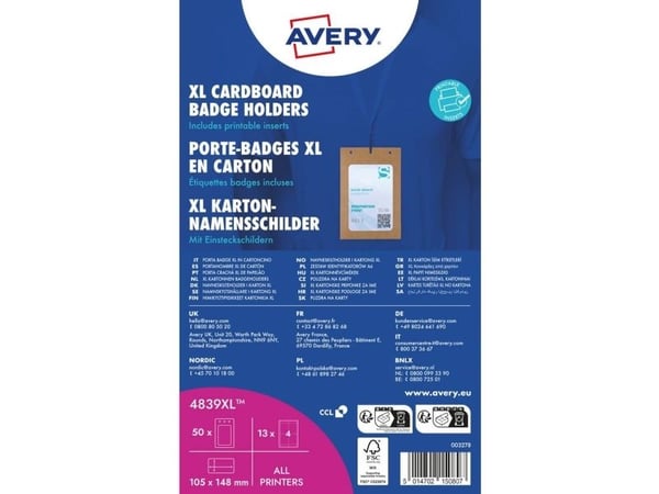 Avery 4839XL, Merke, Portrett, Kartong, Hvit, A6, 105 mm