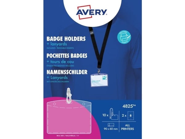 AVERY Zweckform nimilapputasku, 90 x 60 mm, läpinäkyvällä kaulanauhalla, PVC-vapaata materiaalia, 3 reikää varten (4825)