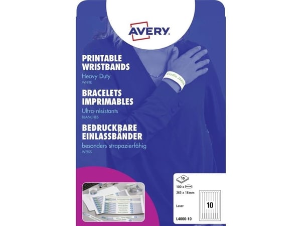 Armbånd Avery 265x18 mm hvite, PVC-frie, utskrivbare armbånd for laserskriver - (10 ark x 10 stk.)