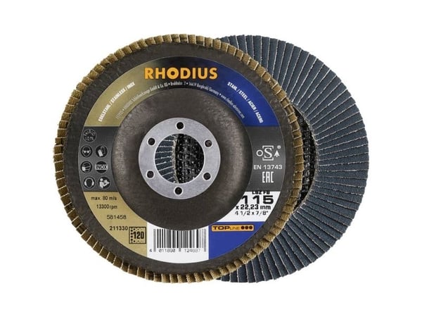 Rhodius 211330 lamellslipeskive 115 mm, boringsdiameter 22,23 mm, kornstørrelse 120, rustfritt stål/stål, 1 stk