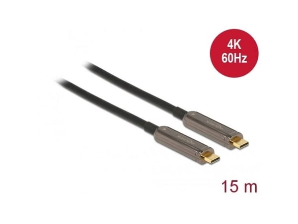 Delock - Video/lydkabel - USB-C hann til USB-C hann - 15 m - fiberoptisk - svart - Active Optical Cable (AOC), støtte for 4K 60 Hz (3840 x 2160)
