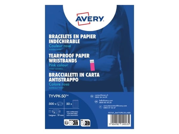 Avery TYVPK-50, Event-armbånd, rosa, papir, monokromatisk, unisex, selvklebende