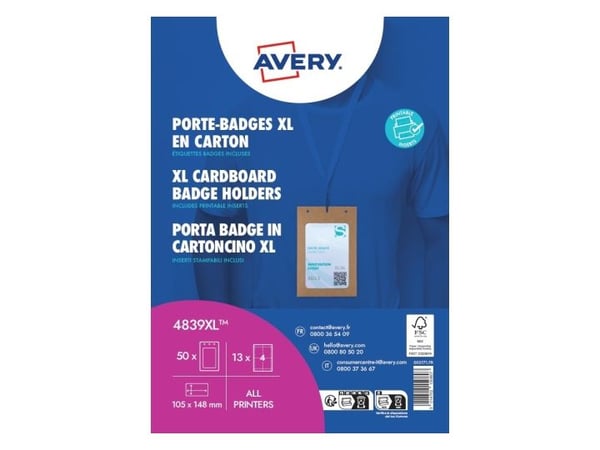Avery 4839XL, Namnskylt, Poträtt, Kartong, Vit, A6, 105 mm