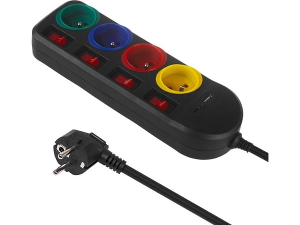 Maclean pistorasia, jatkojohto 4 pistorasiaa + USB A/C, kytkimillä, 250VAC/10A, 1,5m, musta, MCE508 B
