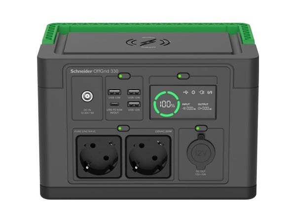 Schneider OffGrid 330 - Bærbar strømstasjon - LCD, litium-ion, 2 CEE 7/3 schuko-kontakter, sinuskurve, 3 USB-A, 1 USB-C, trådløs lader - AC 230 V -...