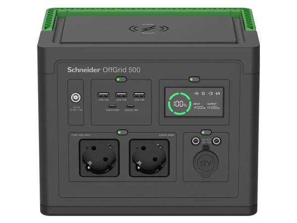 Schneider OffGrid 500 - Bærbar strømstasjon - LCD, litium-ion, 2 CEE 7/3 schuko-kontakter, sinuskurve, 3 USB-A, 2 USB-C, trådløs lader - AC 195 - 2...