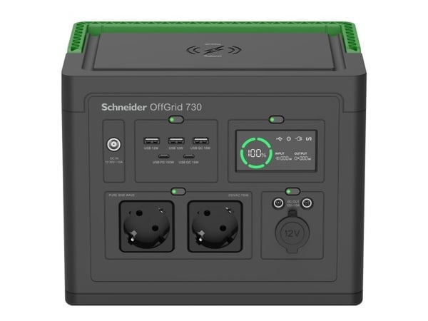 Schneider OffGrid 730 - Bærbar strømstasjon - LCD, litium-ion, 2 CEE 7/3 schuko-kontakter, sinuskurve, 3 USB-A, 1 USB-C, trådløs lader - AC 195 - 2...