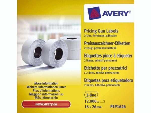 Etikett avery, for prislapppistol, 2 linjer, 26 x 16 mm, hvit, 10 ruller