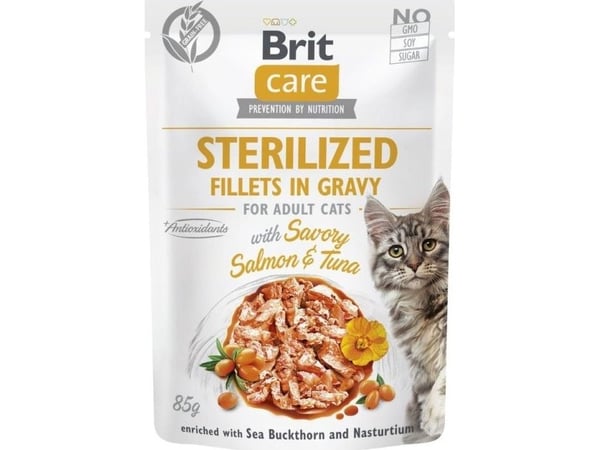 BRIT Care steriliserad laks & tunfisk pose, våtfôr til katt, 85 g