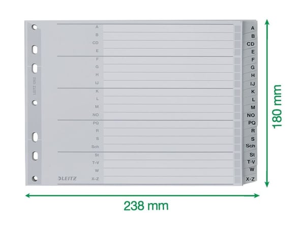 Leitz - Inndeler - 20 deler - fortrykt: A-Z - for A4 Extra (235 × 322 mm) - med fliker - grå