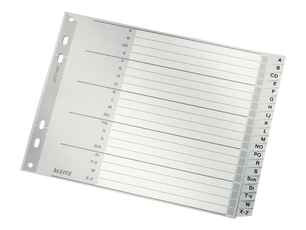 Leitz - Inndeler - 20 deler - fortrykt: A-Z - for A4 Extra (235 × 322 mm) - med fliker - grå