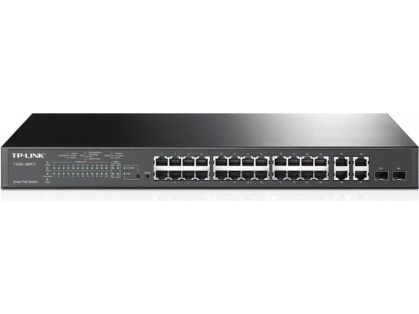 TP-Link Smart PoE Switch T1500-28PCT - Switch - 24 x 10/100 (PoE) + 2 x SFP + 4 x 10/100/1000 - rackmonterbar - PoE