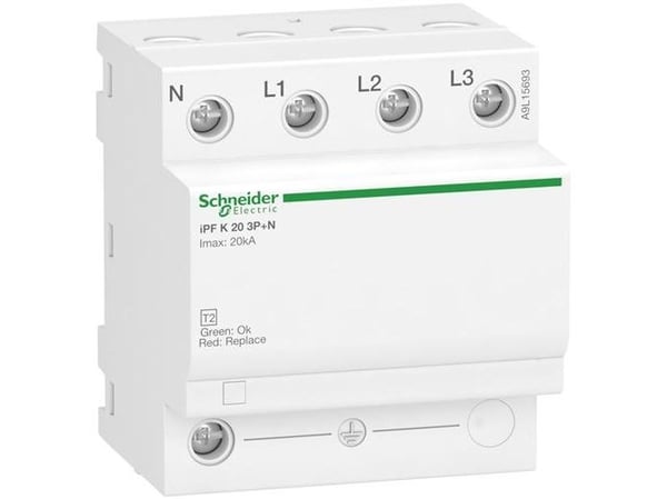 SCHNEIDER ELECTRIC Ylijännitesuoja iPF 20kA 340V 3PN asuinkeskuksiin, asennetaan keskukseen ja vaihdetaan punaisella merkillä