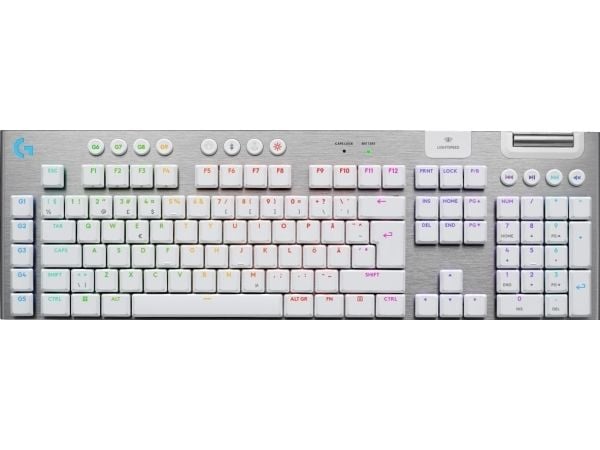 Logitech G G915 X - Tastatur - gaming, LIGHTSPEED - full size - bakgrunnsbelyst - trådløs - Bluetooth, 2.4 GHz, USB-C - hvit