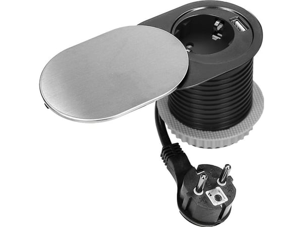 Orno bordgjennomføring/uttak Ø6 cm med skyvelokk USB-lader og 1,9 m kabel 1x2P+Z (Schuko) 2xUSB (A+C) PD20W sølv