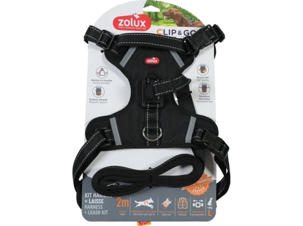 PETSTORY ZOLUX hundsele + koppel CLIP&GO L svart