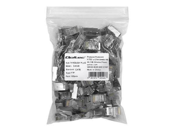 Qoltec RJ45 | CAT6 | FTP | Läpivienti | Kullatut koskettimet | 100 kpl