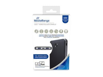MediaRange MR753 - Strømbank - 10000 mAh - 37 Wh - 22.5 watt - 5 A - PD, QC - 3 utgangskontakter (2 x USB, USB-C) - på kabel: USB-C - svart, sølv