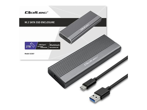 Qoltec aluminiumshus | M.2 SSD-brønn | SATA | NGFF | USB-C | Superhastighet 6Gb/s | 2TB | Grå