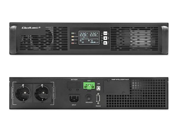 Qoltec - UPS (kan monteres i rack) - power factor 1.0, LCD, EPO, on-line - AC 110-300 V - 1000 watt - 1000 VA - 7 Ah - RS-232, USB - utgangskontakt...