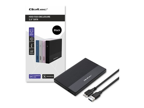 Qoltec aluminiumshus | SSD HDD 2,5" stasjonsplass | SATA | USB 3.0 | Superhastighet 5 Gb/s | 2TB | Svart