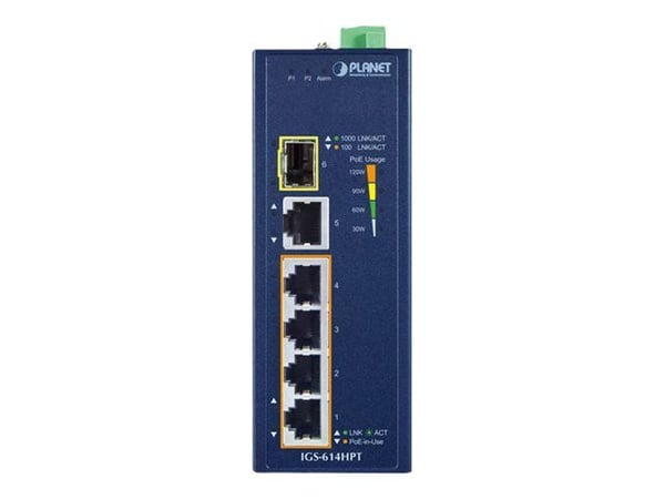 PLANET IGS-614HPT - Switch - ikke-styrt - 4 x 10/100/1000 (PoE+) + 1 x 10/100/1000 + 1 x 1000Base-X SFP - DIN-skinnemonterbar, veggmonterbar - PoE+...