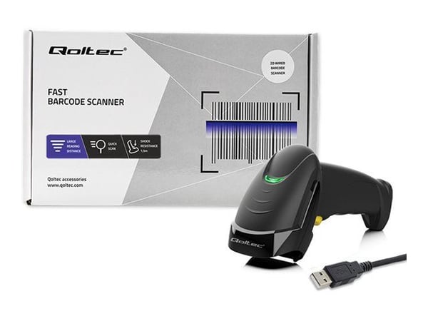 Qoltec 50853 Laser-viivakoodiskanneri 1D | 2D | Musta