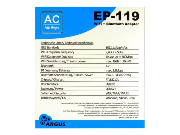 Argus EP-119 - Nettverksadapter - USB 2.0 - Wi-Fi 5, Bluetooth 4.2