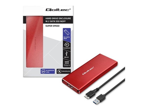 Qoltec Housing | M.2 SSD-stasjonsplass | SATA | NGFF | USB 3.0 | Superhastighet 5 Gb/s | 2TB | rød