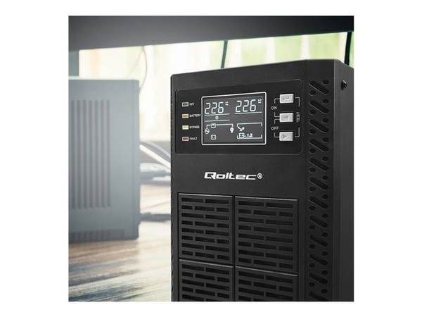 Qoltec - UPS - power factor 1.0, LCD, EPO, on-line - AC 110-300 V - 2000 watt - 2000 VA - 9 Ah - RS-232, USB, RJ-45 - utgangskontakter: 3 - svart