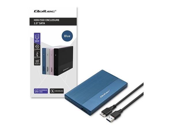 Qoltec aluminiumshus | SSD HDD 2,5" stasjonsplass | SATA | USB 3.0 | Superhastighet 5 Gb/s | 2TB | Blå