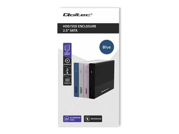 Qoltec aluminiumshus | SSD HDD 2,5" stasjonsplass | SATA | USB 3.0 | Superhastighet 5 Gb/s | 2TB | Blå