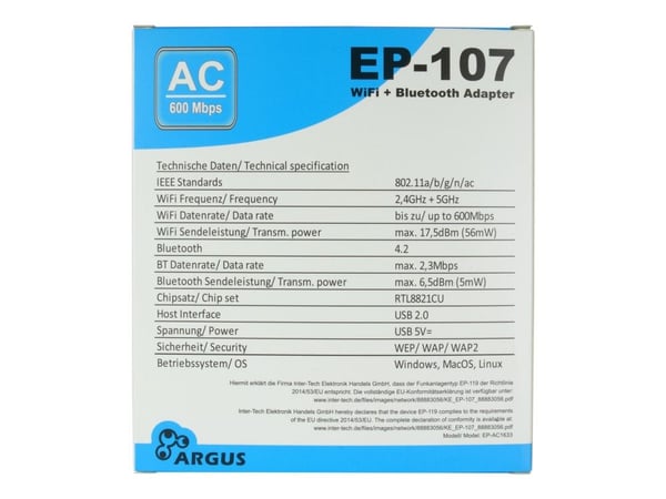 USB-sovitin EP-107 Wi-Fi ja BT4.2 NT Argus,USB2.0,600Mbps