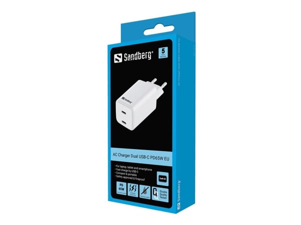 Sandberg AC-laturi Dual USB-C PD65W EU, 2 USB-C-porttia