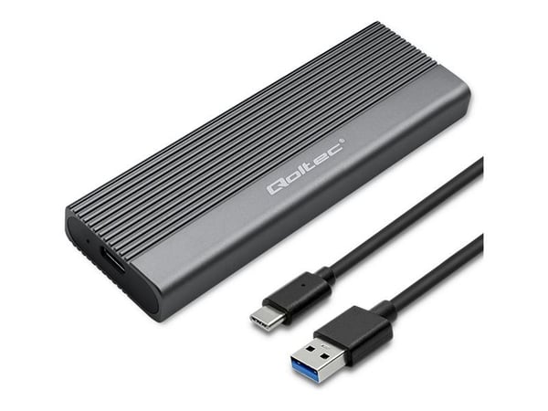 Qoltec aluminiumshus | M.2 SSD-brønn | SATA | NGFF | USB-C | Superhastighet 6Gb/s | 2TB | Grå