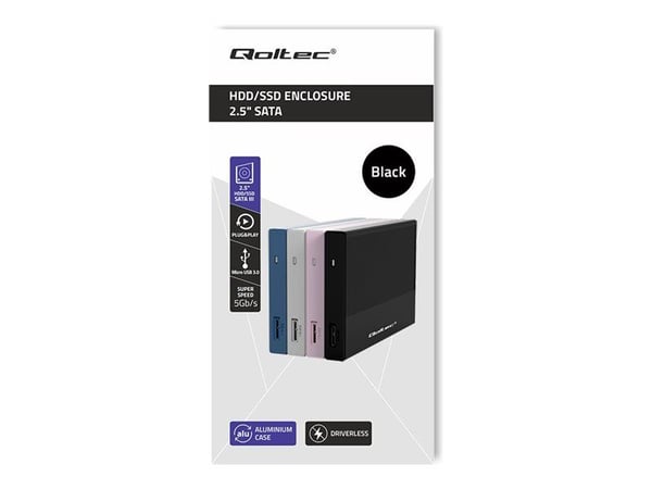 Qoltec aluminiumshus | SSD HDD 2,5" stasjonsplass | SATA | USB 3.0 | Superhastighet 5 Gb/s | 2TB | Svart