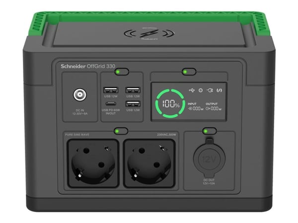 Schneider OffGrid 330 - Bærbar strømstasjon - LCD, litium-ion, 2 CEE 7/3 schuko-kontakter, sinuskurve, 3 USB-A, 1 USB-C, trådløs lader - AC 230 V -...