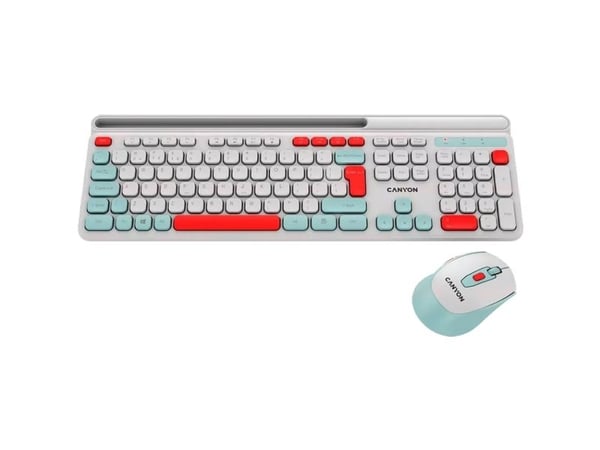 Canyon HSET-W5, Trådløs, RF kabel-fri, Sakseformet tastebryter, QWERTY, Hvit, Mus inkludert
