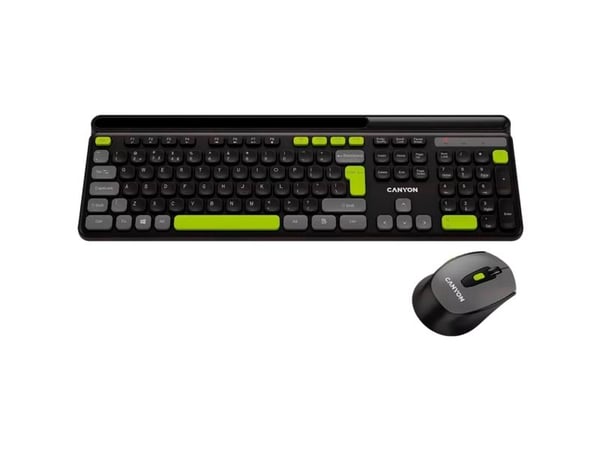 Canyon HSET-W5, Trådløs, RF kabel-fri, Sakseformet tastebryter, QWERTY, Svart, Mus inkludert