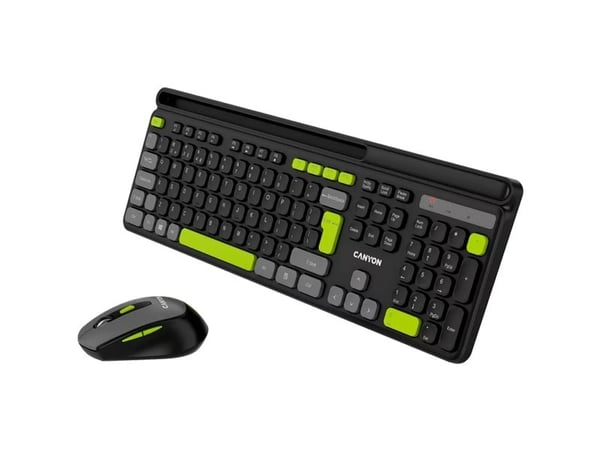 Canyon HSET-W5, Trådløs, RF kabel-fri, Sakseformet tastebryter, QWERTY, Svart, Mus inkludert