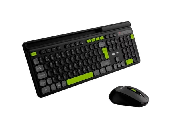Canyon HSET-W5, Trådløs, RF kabel-fri, Sakseformet tastebryter, QWERTY, Svart, Mus inkludert