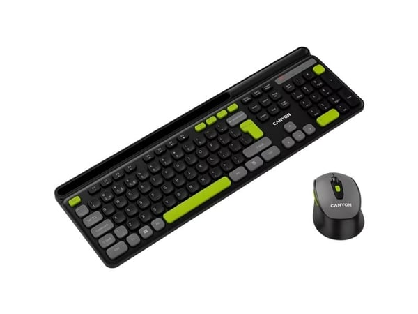 Canyon HSET-W5, Trådløs, RF kabel-fri, Sakseformet tastebryter, QWERTY, Svart, Mus inkludert