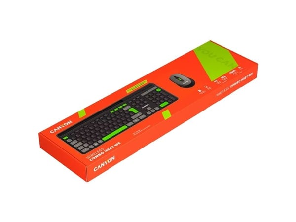 Canyon HSET-W5, Trådløs, RF kabel-fri, Sakseformet tastebryter, QWERTY, Svart, Mus inkludert